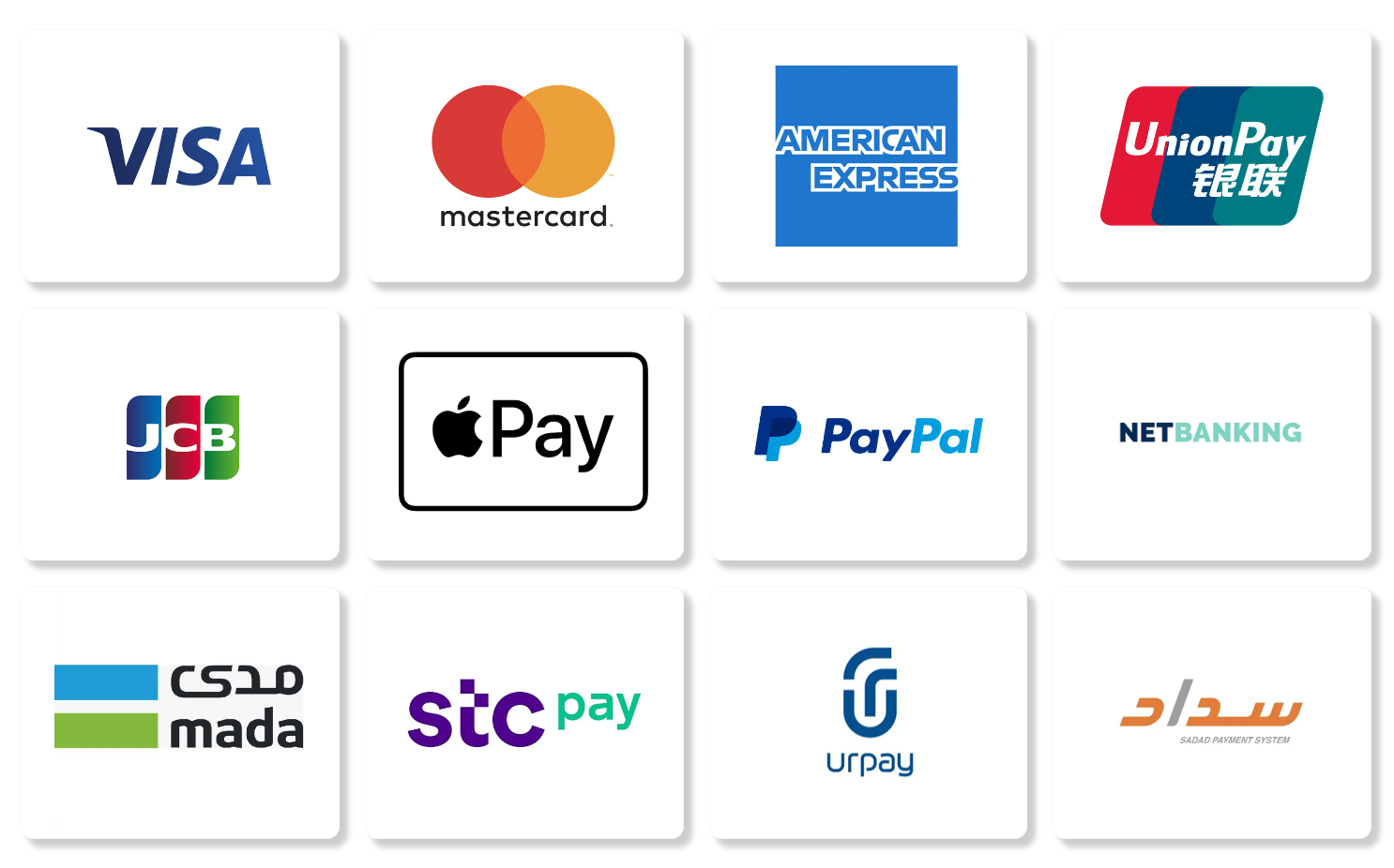 Visa,Mastercard,American Express, UnionPay, JBC, Apple Pay, Paypal, NETBanking, Mada, STCPay, URPAY, SADAD PAYMENT SYSTEM